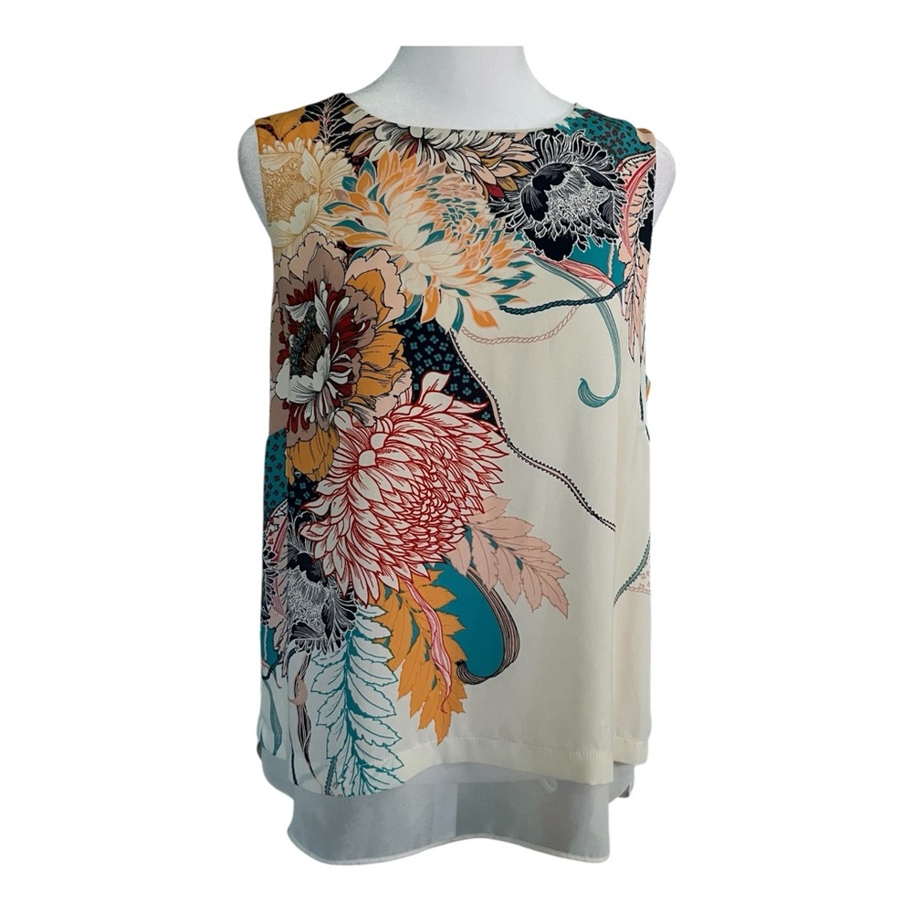Rose + Olive Sleeveless Graphic Floral Asymmetrical Women's Top in Cream M - Picture 2 of 11